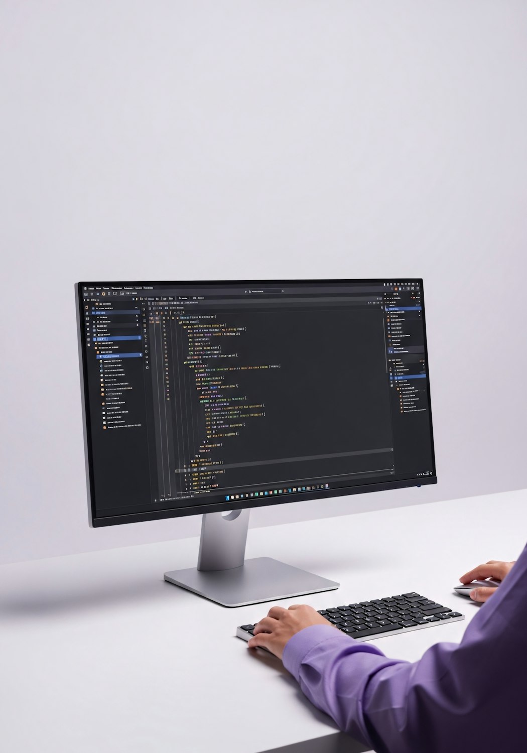 A developer working at a dark code editor on a tidy desk setup
