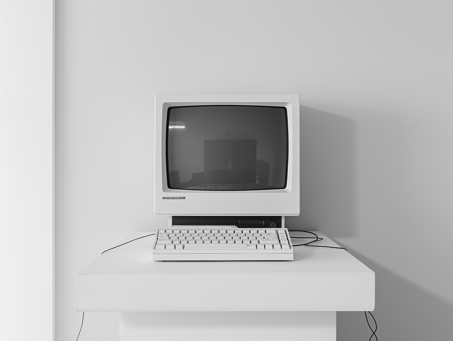 A vintage computer with a small CRT monitor on a plain pedestal